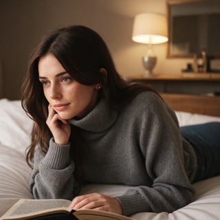 make the background look like a comfy and big bed, lots of pillows on the bed, candle light full-length picture, warm lighting, medium hair, detailed face, detailed nose, woman wearing a comfy turtle neck, reading a book without title and navy blue cover, freckles, smirk, realism, realistic, raw, analog, woman, portrait, photorealistic, analog ,realism