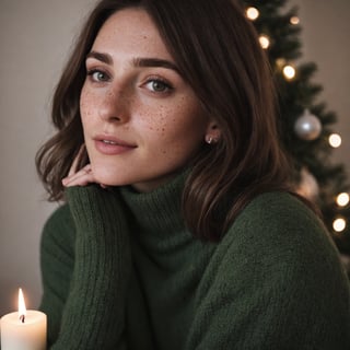 make the background look like a family gathering on christmas, christmas tree in the background, candle light full-length picture, warm lighting, medium hair, detailed face, detailed nose, woman wearing a comfy turtle neck, freckles, smirk, realism, realistic, raw, analog, woman, portrait, photorealistic, analog ,realism