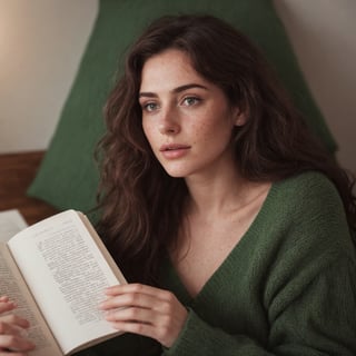 natural pose, i want a casual selfie in the style that the new generation is now drawn to, background is a christmas themed background, photo, full-length picture, dramatic lighting, medium hair, detailed face, detailed nose, woman wearing something cozy lying in bed reading a good book with a dark green cover, freckles, smirk, realism, realistic, raw, analog, woman, photorealistic, analog ,realism