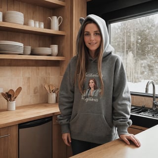 make the background look like kitchen, very tidy, some knifes and clean dishes on the counter and some vegetables, full-length picture, warm lighting, medium hair, detailed face, detailed nose, woman wearing a christmas hoodie, standing behind the kitchen counter as if you caught here in the moment, freckles, smirk, realism, realistic, raw, analog, woman, portrait, photorealistic, analog ,realism