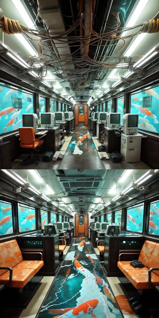 technological laboratory inside a train without people with a floor made of crystalline water in which you can see the cables of several computers connected to a large computer that has koi fish as a wallpaper