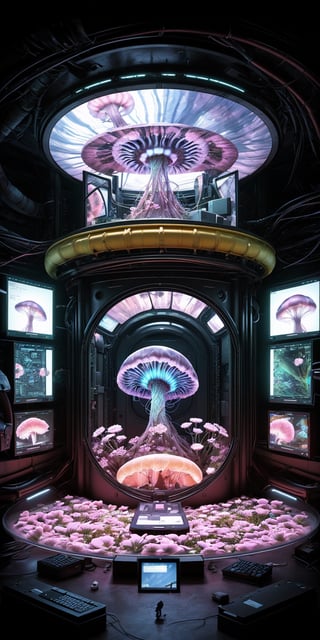 giant technological computer with several printed photographs of glowing jellyfish and humans living inside in a bonnet full of flowers inside the computer
