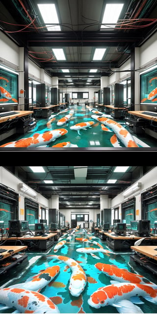 horizontal image of a technological laboratory without people with a floor made of crystal clear water in which you can see the cables of several computers connected to a giant computer that has koi fish as a wallpaper