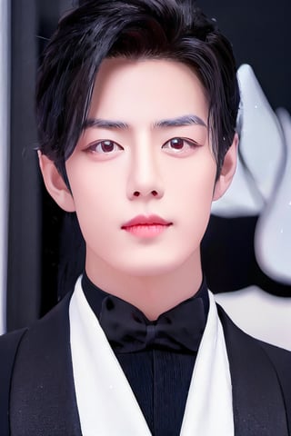 Generate a stunning high-resolution masterpiece featuring a young Chinese man exuding serenity.  dark background. His long black hair is framing his cute face. 
Focus on his ruifeng eyes, which are almond-shaped with a subtle upward tilt, gleaming in the dim light and radiating calmness and depth. The inner corners of his eyes are rounded, while the outer edges slant gently downward before ending with an upward tilt. His eyebrows are groomed and add definition to his gaze.
Depict his straight nose and full rounded lips, with a cupid's bow and a lower lip that is a little shorter than the plumpier upper lip, featuring a small mole underneath, making him appear cute. His eyes are slightly larger and positioned a bit lower on his face, giving him a youthful appearance. Emphasize the deep philtrum that is slightly pointed upwards, moderating the visual length of his face. This portrait should capture the rare, demure beauty and natural cuteness of the subject.,1boy,print robe,More Detail