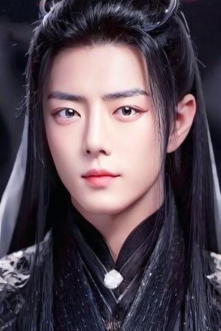 Generate a stunning high-resolution masterpiece featuring a young Chinese man exuding serenity.  dark background.wearing hanfu. His long black hair is styled immaculately, framing his cute face. 
Focus on his ruifeng eyes, which are almond-shaped with a subtle upward tilt, gleaming in the dim light and radiating calmness and depth. The inner corners of his eyes are rounded, while the outer edges slant gently downward before ending with an upward tilt. His eyebrows are groomed and add definition to his gaze.
 straight nose and full rounded lips, with a cupid's bow and a lower lip that is a little shorter than the plumpier upper lip, making him appear cute. His eyes are slightly larger and positioned a bit lower on his face, giving him a youthful appearance. Emphasize the deep philtrum that is slightly pointed upwards, moderating the visual length of his face. This portrait should capture the rare, demure beauty and natural cuteness of the subject.,1boy ,xuer Ancient Chinese armor,More Detail