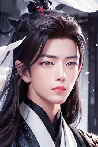 Generate a stunning high-resolution masterpiece featuring a young Chinese man exuding serenity. The dark background contrasts beautifully with his traditional hanfu, creating a sense of timeless elegance. His long black hair is styled immaculately, framing his cute face, and his ruifeng eyes are the focal point—almond-shaped with a subtle upward tilt, gleaming in the dim light and radiating calmness and depth. The inner corners of his eyes are rounded, while the outer edges slant gently downward before ending with an upward tilt. His groomed eyebrows add definition to his serene gaze.

His straight nose and full, rounded lips, complete with a cupid's bow and a slightly shorter lower lip compared to the plump upper lip, enhance his overall cuteness. His eyes, slightly larger and positioned a bit lower on his face, give him a youthful appearance, further emphasized by the deep philtrum that is slightly pointed upwards, which moderates the visual length of his face.

This portrait should capture the rare, demure beauty and natural cuteness of the subject. In addition to the hanfu, include elements of ancient Chinese armor to add a layer of historical depth and cultural richness to the artwork. The intricate details of the armor should contrast with the soft features of his face, creating a harmonious blend of strength and gentleness.