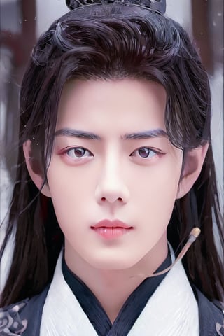 Generate a stunning high-resolution masterpiece featuring a young Chinese man exuding serenity.  dark background.wearing hanfu. His long black hair is styled immaculately, framing his cute face. 
Focus on his ruifeng eyes, which are almond-shaped with a subtle upward tilt, gleaming in the dim light and radiating calmness and depth. The inner corners of his eyes are rounded, while the outer edges slant gently downward before ending with an upward tilt. His eyebrows are groomed and add definition to his gaze.
 straight nose and full rounded lips, with a cupid's bow and a lower lip that is a little shorter than the plumpier upper lip, making him appear cute. His eyes are slightly larger and positioned a bit lower on his face, giving him a youthful appearance. Emphasize the deep philtrum that is slightly pointed upwards, moderating the visual length of his face. This portrait should capture the rare, demure beauty and natural cuteness of the subject.,1boy,print robe,xuer Ancient Chinese armor,More Detail