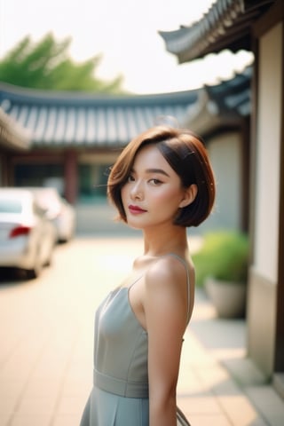 beautiful Korean girl with Short bob hair cut blown by the breeze, thin waist, sexy dress, full body, ( side sexy pose) looking at viewer, from back,  White skin, film grain, blurry background