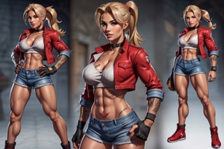 (The concept character sheet of a strong, attractive, and hot terry bogard girl, blonde hair, ponytail, blue eyes, long hair, red short jacket, baseball cap, fingerless gloves, denim shorts, large breast . Her face is oval, forehead is smooth and visibly rounded at the temples. jawline is softly defined, giving her a gentle and feminine appearance, (full body, Full of details, frontal body view, back body view, Highly detailed, Depth, Many parts), ((Masterpiece, Highest quality)), 8k, Detailed face, scars, serious expression. Infographic drawing. Multiple sexy poses. tattoos,3d, choker,