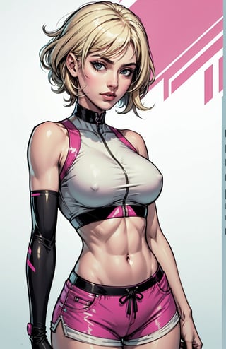 high quality, blonde, one woman, light color eyes, ((tight pink shorts)), ((tight pink crop top)), 30 years old, dreamy cyberpunk girl, cyberpunk anime girl, ultrarealistic 8k, innocent face, cute face, slender fit body, very detailed body, aroused, oily skin, smirk, exposed arms,
,complex,simple_background, full body, perfect body,Grt2c,dabuFlatMix_v10.safetensors