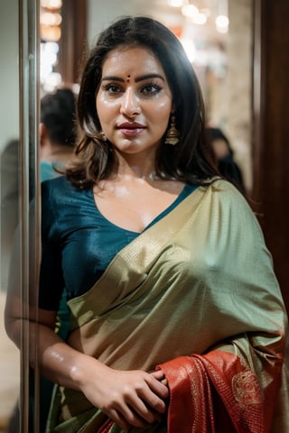 Candid Portrait of a chubby woman, saree, sleeveless, cleavage, very long curly hairs, long curly hairs,, shot with nikon 35 mm prime lens, f/1.8, bokkeh,, indoors, beautifully decorated, realism, volumetric lighting, (masterpiece:1.2), (insane quality:1.4), (flawless composition:1.5), (hdr:1.3) , professional photography, (Professional Color Grading), Edge Lighting,Dramatic lighting,Cinematic lighting,Lumen reflections, Soft natural lighting, Soft color, Photon mapping, Radiosity,