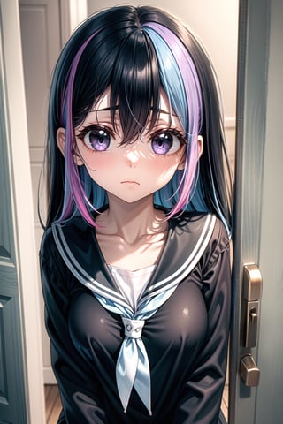 1girl, solo, long hair, looking at viewer, blush, bangs, shirt, black hair, long sleeves, hair between eyes, closed mouth, blue hair, purple eyes, collarbone, upper body, multicolored hair, serafuku, indoors, wide sleeves, sailor collar, two-tone hair, black sailor collar, colored inner hair, door, peeking out, open door