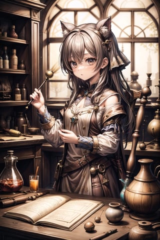 A girl alchemist with ornage long hair,renaissance_alchemist_studio