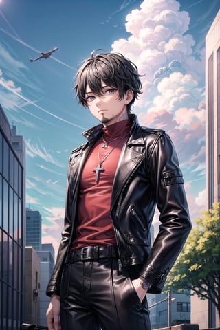 solo, shirt, black hair, 1boy, holding, jewelry, standing, jacket, upper body, male focus, boots, outdoors, sky, belt, pants, cloud, necklace, black jacket, tattoo, facial hair, black pants, building, red shirt, leather, leather jacket