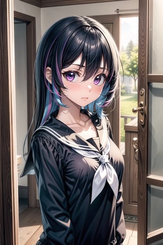 1girl, solo, long hair, looking at viewer, blush, bangs, shirt, black hair, long sleeves, hair between eyes, closed mouth, blue hair, purple eyes, collarbone, upper body, multicolored hair, serafuku, indoors, wide sleeves, sailor collar, two-tone hair, black sailor collar, colored inner hair, door, peeking out, open door