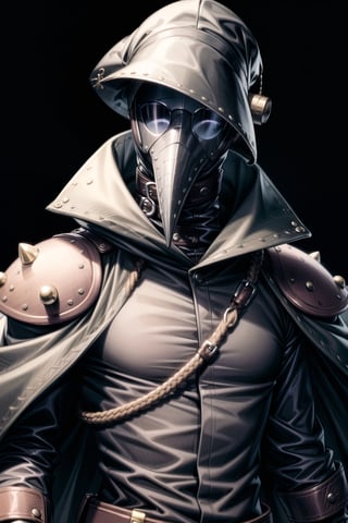 solo, 1boy, hat, upper body, male focus, coat, no humans, mask, black background, 1other,plague doctor