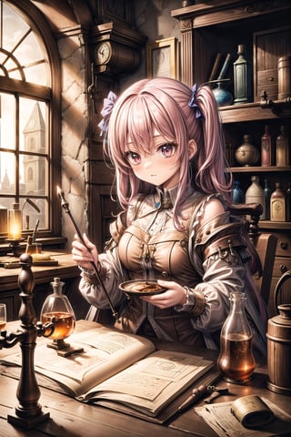 A girl alchemist with pink hair,renaissance_alchemist_studio