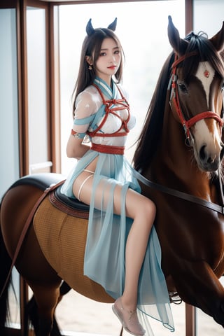 background forest,foggy,flower leaves flying in the wind,
20 yo, 1 girl, beautiful girl, (wearing beautiful light blue hanfu(white transparent)),cape(white transparent),(riding a horse:1.4),shining bracelet, smile, solo, {beautiful and detailed eyes}, dark eyes, calm expression, natural and soft light, delicate facial features, ((model pose)), Glamor body type, (dark hair:1.2), simple tiny earrings,very_long_hair,hair past hip, bang,straight hair, big buns,flim grain, realhands, masterpiece, Best Quality, 16k, photorealistic, ultra-detailed, finely detailed, high resolution, perfect dynamic composition, beautiful detailed eyes, eye smile, ((nervous and embarrassed)), sharp-focus, full_body, sexy pose, cowboy_shot,Bomi,ancient_chinese_indoors,horse,riding,horseback_riding,1girl, (arms behind back:1.2), (arms bent:1.2), (view from front:1.4), ,medium_breast_bondage, (shibari over clothes:1.2), tight, crotch rope, knots