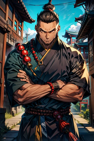 The Last Airbender anime style, Male, 50 years old, cool male character, strong build, robust, some wrinkles, buzz-cut, brown stern eyes, thick curved eyebrows, cool elegant brown and black traditional japanese buddhist clothes with short sleeves, traditional multiple metal chinese rings around the wrists, huge gigantic loop of prayer beads on the shoulder, very stern and serious expression, neutral background