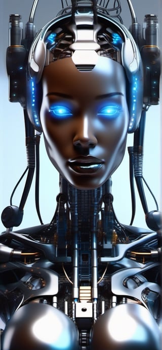 robotic womans head and pretty face,black female features,transparent face,surgery precise resolution,extremely black skin tone,8k resolution,optimal detail and circuitry,futuristic lipstick,state of the art bionic eye balls,full body in pic with legs and feet
