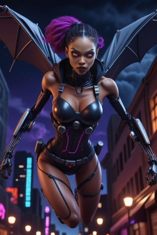 female mutant with a sexy body and huge detailed robotic wings on her back hovering high in the sky like a hang glider above buildings at night,beutiful glowing black light skin,cute look on model pretty face with vampire fangs.full body scale,very realistic hang glider leg positoning while in flight,titanium spear weapon in hand,dred loc hair,shooting lasers out of a gun,cyborg style,night optic eyes,nuclear warhead attached to wings,flying high above buildings,mouth slightly agape showing vampire fangs