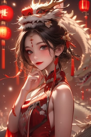 A short-haired girl in a Chinese New Year costume and a cute Chinese dragon. Chinese New Year elements. Snowy day. delicated face,Chinese style,midjourney portrait,Chinese weddingdress,Chinese New Year 