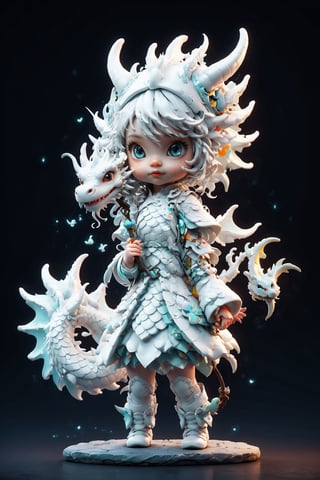 Full body portrait of a cute little white dragon girl, human-like appearance, dragon-themed features, soft and delicate, holding a small dragon toy, playful and whimsical attire, friendly and inviting expression, by FuturEvoLab, (masterpiece: 2), best quality, ultra highres, original, extremely detailed, perfect soft lighting, charming and endearing character,chibi