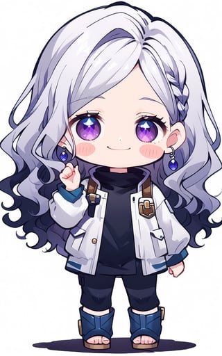 score_9,score_8_up,score_7_up, chibi, chibi style, 1girl,long hair,looking at viewer,blush,smile,simple background,white background,standing,full body,hand up,chibi,shiny hair,blush stickers,no pupils,toeless footwear,

(white hair), side_braid (long wavy hair), blue earrings,  ((black shirt turtle neck)), ((long white jacket)), violet eyes

kugisaki nobara, chibi style
kugisaki nobara