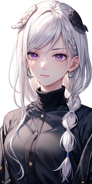 Masterpiece, ultra detailed, hyper high quality, quality beyond the limits of AI, the ultimate in wisdom, top of the line quality, 8K, 

1girl

(white hair), side_braid long wavy hair, blue earrings,  ((black shirt turtle neck)), ((long white jacket)), violet eyes

kugisaki nobara,masterpiece