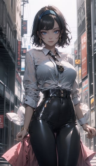 evil, golden, shiny,,High detailed ,midjourney,perfecteyes,Color magic,urban techwear,hmochako,better witch,witch, witch,free style,horror (theme)

//Character
1girl, ((black hair)), (emerald eyes), ((bob cut)) big breast, milf
//Fashion
(Georges Hobeika :1.3),white hairband, white shirt, orange tie, black blazer, ,furina