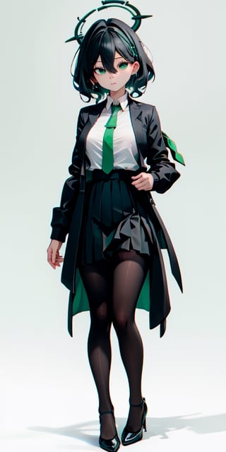 Masterpiece, ultra detailed, hyper high quality, quality beyond the limits of AI, the ultimate in wisdom, top of the line quality, 8k,

1girl,looking at viewer,simple background,white background,standing,full body,clean background,

((white shirt,green tie)), 
((long black jacket)), 
(black skirt),pleated_skirt,(black_pantyhose), high_heels,  (huge breasts),milf,mature,

(black hair), Curly Hair Underneath, ((short hair)), white hairband, 

,furina,masterpiece,white hair