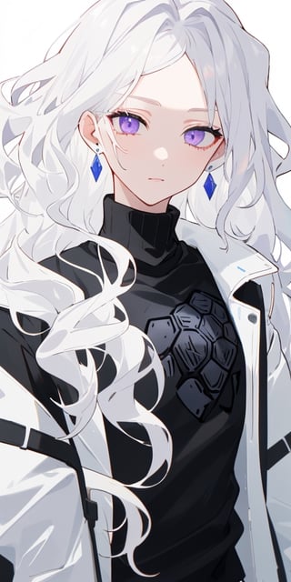 Masterpiece, ultra detailed, hyper high quality, quality beyond the limits of AI, the ultimate in wisdom, top of the line quality, 8K, 

1girl

(white hair), side_braid ((long wavy hair)), blue earrings,  ((black shirt turtle neck)), ((long white jacket)), violet eyes

kugisaki nobara,masterpiece