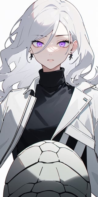 Masterpiece, ultra detailed, hyper high quality, quality beyond the limits of AI, the ultimate in wisdom, top of the line quality, 8K, 

1girl

(white hair), side_braid (long wavy hair), blue earrings,  ((black shirt turtle neck)), ((long white jacket)), violet eyes

kugisaki nobara,masterpiece