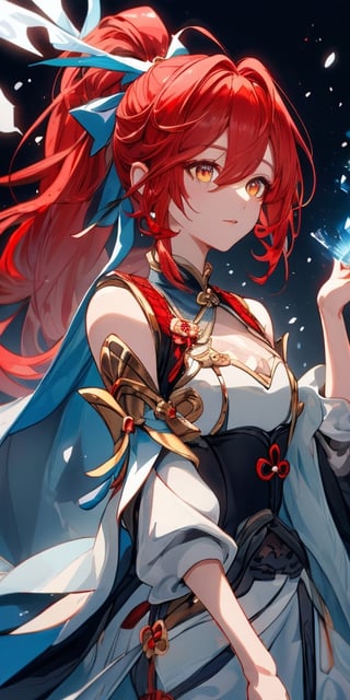 Masterpiece, ultra detailed, hyper high quality, quality beyond the limits of AI, the ultimate in wisdom, top of the line quality, 8K, 

1girl, 

((red hair)), ((ponytail)), long curly hair, bangs cover right eye, orange eyes, blue hair bow, wearing a royal dress, red cape, white clothes,

shenhe(genshin impact)