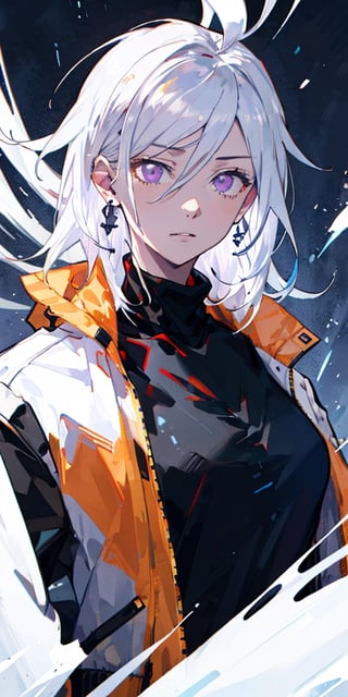 Masterpiece, ultra detailed, hyper high quality, quality beyond the limits of AI, the ultimate in wisdom, top of the line quality, 8K, 

1girl

(white hair), side_braid long wavy hair, blue earrings,  ((black shirt turtle neck)), ((long white jacket)), violet eyes

kugisaki nobara,masterpiece