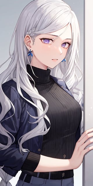 Masterpiece, ultra detailed, hyper high quality, quality beyond the limits of AI, the ultimate in wisdom, top of the line quality, 8K, 

1girl

(white hair), side_braid, ((long wavy hair)), blue earrings,  ((black shirt turtle neck)), ((long white jacket)), violet eyes

kugisaki nobara,masterpiece