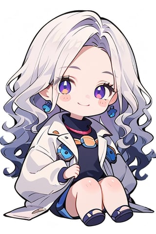 score_9,score_8_up,score_7_up, 
chibi, chibi style,

1girl,looking at viewer,blush,smile,simple background,white background,sitting,full body,shiny hair,blush stickers,no pupils

(white hair), side_braid ((long wavy hair)), blue earrings, ((black shirt turtle neck)), ((long white jacket)), violet eyes, kugisaki nobara,