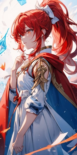 Masterpiece, ultra detailed, hyper high quality, quality beyond the limits of AI, the ultimate in wisdom, top of the line quality, 8K, 

1girl, 

((red hair)), ((ponytail)), long curly hair, bangs cover right eye, orange eyes, blue hair bow, ((wearing a royal dress)), ((red cape)), ((white clothes)),

shenhe(genshin impact),shenhe(genshin impact)