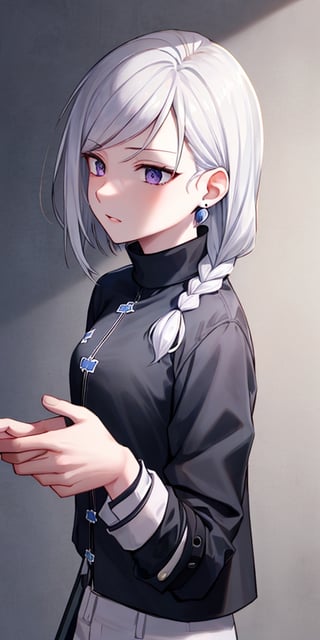 Masterpiece, ultra detailed, hyper high quality, quality beyond the limits of AI, the ultimate in wisdom, top of the line quality, 8K, 

1girl

(white hair), side_braid long wavy hair, blue earrings,  ((black shirt turtle neck)), ((long white jacket)), violet eyes

kugisaki nobara,masterpiece