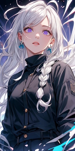 Masterpiece, ultra detailed, hyper high quality, quality beyond the limits of AI, the ultimate in wisdom, top of the line quality, 8K, 

1girl

(white hair), side_braid long wavy hair, blue earrings,  black shirt turtle neck, long white jacket, violet eyes

kugisaki nobara