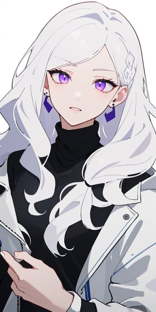 Masterpiece, ultra detailed, hyper high quality, quality beyond the limits of AI, the ultimate in wisdom, top of the line quality, 8K, 

1girl

(white hair), side_braid (long wavy hair), blue earrings,  ((black shirt turtle neck)), ((long white jacket)), violet eyes

kugisaki nobara,masterpiece