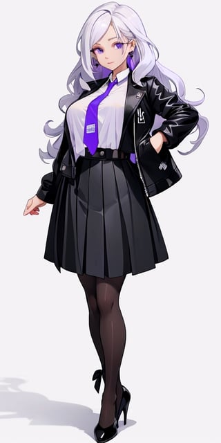Masterpiece, ultra detailed, hyper high quality, quality beyond the limits of AI, the ultimate in wisdom, top of the line quality, 8k,

1girl,looking at viewer,simple background,white background,standing,full body,(clean background),random pose,

((white shirt,violet tie)), 
((long black jacket)), 
(black skirt),pleated_skirt,(black_pantyhose), high_heels,  (huge breasts),milf,mature,

(white hair), side_braid (long wavy hair), blue earrings, violet eyes,

kugisaki nobara, ,masterpiece,chibi