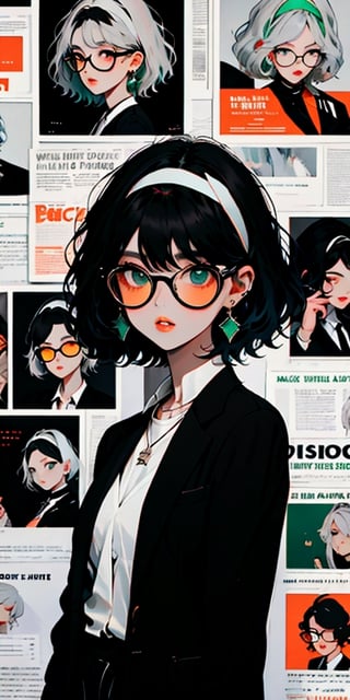 newspaper wall, glasses, parted lips, looking over eyewear, solo, upper body, 1girl, necklace, earrings,  looking at viewer, red-tinted eyewear,

((black hair)), ((short hair)), (emerald eyes),((white hairband)), ((white shirt)), orange tie, ((black blazer)), big breast, milf, mature face

,newspaper wall