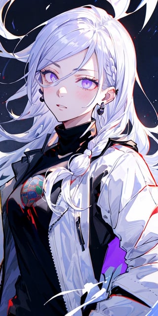 Masterpiece, ultra detailed, hyper high quality, quality beyond the limits of AI, the ultimate in wisdom, top of the line quality, 8K, 

1girl

(white hair), side_braid long wavy hair, blue earrings,  ((black shirt turtle neck)), ((long white jacket)), violet eyes

kugisaki nobara,masterpiece