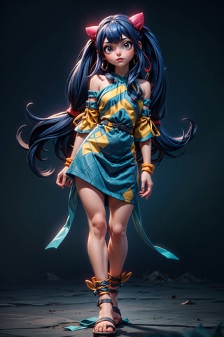 Masterpiece, Best quality, High resolutions, long navy blue hair, with straight bangs and a colorful ribbon on the head. Her eyes are also blue and she wears silver cross-shaped earrings., Aawendy, long hair, twintails, hair ornament, bare shoulders, light green dress with yellow stripes., aawendy, hair ornament,aawendy