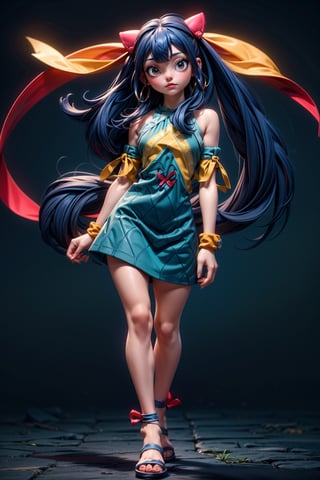 Masterpiece, Best quality, High resolutions, long navy blue hair, with straight bangs and a colorful ribbon on the head. Her eyes are also blue and she wears silver cross-shaped earrings., Aawendy, long hair, twintails, hair ornament, bare shoulders, light green dress with yellow stripes., aawendy, hair ornament,aawendy