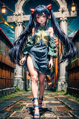 Masterpiece, Best quality, High resolutions, long navy blue hair, with straight bangs and a colorful ribbon on the head. Her eyes are also blue and she wears silver cross-shaped earrings., Aawendy, long hair, twintails, hair ornament, bare shoulders, light green dress with yellow stripes., aawendy, hair ornament, aawendy,aawendy