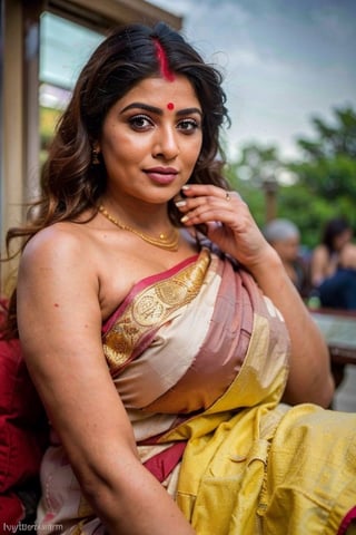 masterpiece, 8k, best quality, ultra highres, professional photography, sharp focus, HDR, 8K resolution, intricate detail, sophisticated detail, depth of field, photorealistic, (((sindoor on hair partings))), ((voluptuous,slighty_chubby)), hindu milf, sexy woman with hina tattos,  lariat necklace, large breasts, blushing, kohl eyed, ((large breast, curvaceous)), sitting at dashashwamedh ghat of Varanasi, temples of Varanasi, benares, hyperrealistic, (analog quality:1.3), (film grain:1.2), beautiful background, (best quality:1.3), ultra clarity , super realism , 8k, (natural skin texture, hyperrealism, soft light, sharp:1.2), (intricate details:1.12), hdr, (dark shot:1.33), neutral colors, (hdr:1.4), (muted colors:1.5), technicolor, (intricate), (night:1.4), hyperdetailed, dramatic, intricate details, (cinematic),super realism , 8k, (natural skin texture, hyperrealism, soft light, sharp:1.2), (intricate details:1.12), hdr, (dark shot:1.22), vibrant colors, (hdr:1.4), (vibrant colors:1.4), (intricate), (artstation:1.2), hyperdetailed, dramatic, intricate details, (technicolor:0.9), (rutkowski:0.8), cinematic, detailed,