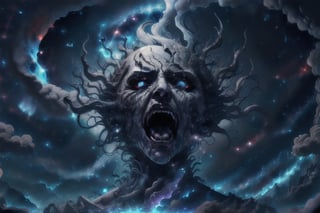 Face of a women screaming that make by grey smoke , nightmare atomospher , 4K , high resolution, intrical detected , night sky background 