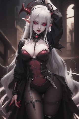 sexy, girl, realistic, beautiful, cute, dark, elf, vampire, cyber, techno, demon, scary, white skin, red eyes, 